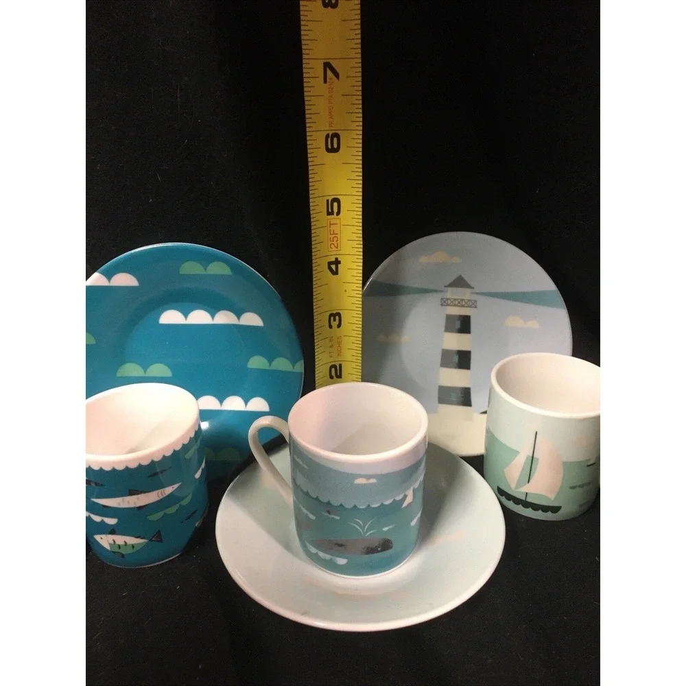 MAGPIE AHOY DESIGN, SET OF FOUR ESPRESSO NAUTICAL CUPS AND SAUCERS Teal